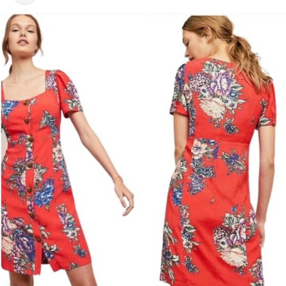 Mauve Red Floral Caldwell Button Front Dress with Square Neckline.